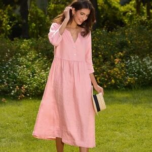 NWT LINTICO 100% LINEN LOOSE FIT BUTTON WAIST GATHERED MAXIDRESS L